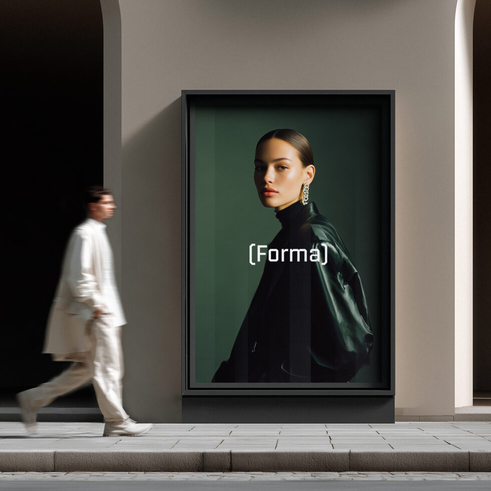 Black framed portrait display with woman in green jacket against teal background