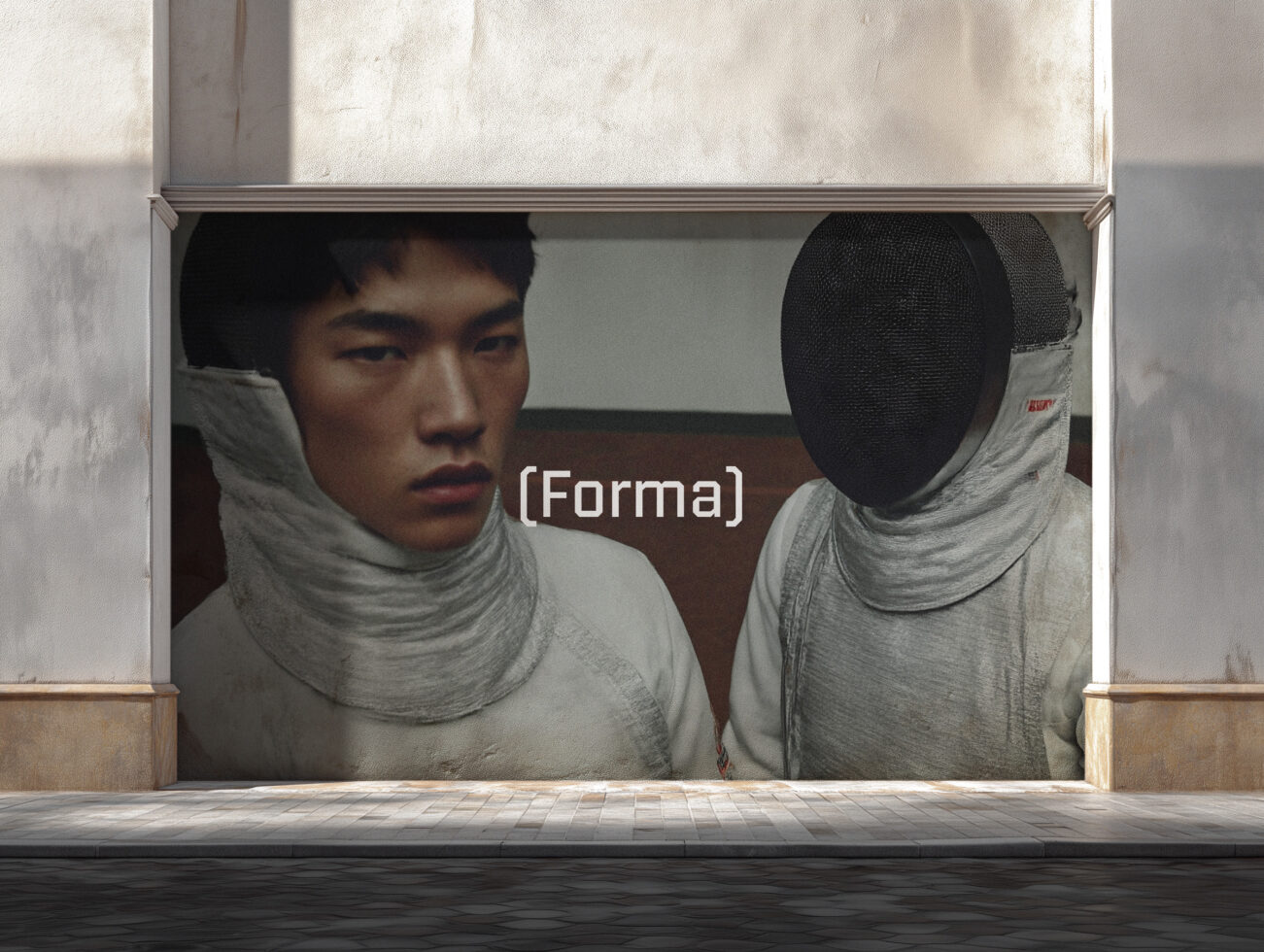 Two figures in wrapped fabric displayed in street-level storefront window