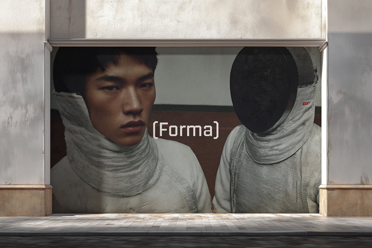 Large storefront window with two figures wrapped in light fabric, one face visible, one covered