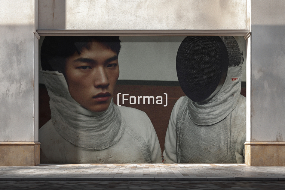 Large storefront window with two figures wrapped in light fabric, one face visible, one covered