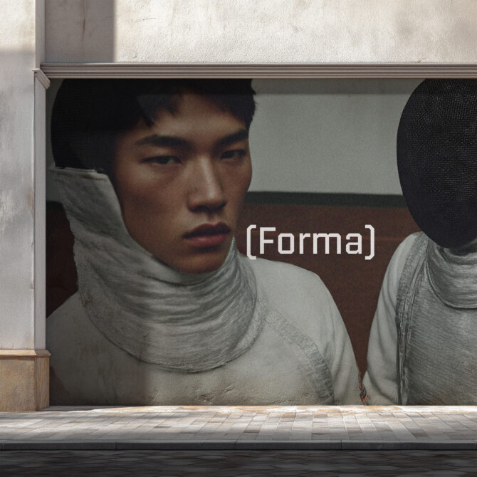 Portrait display in storefront showing person with draped fabric sculpture