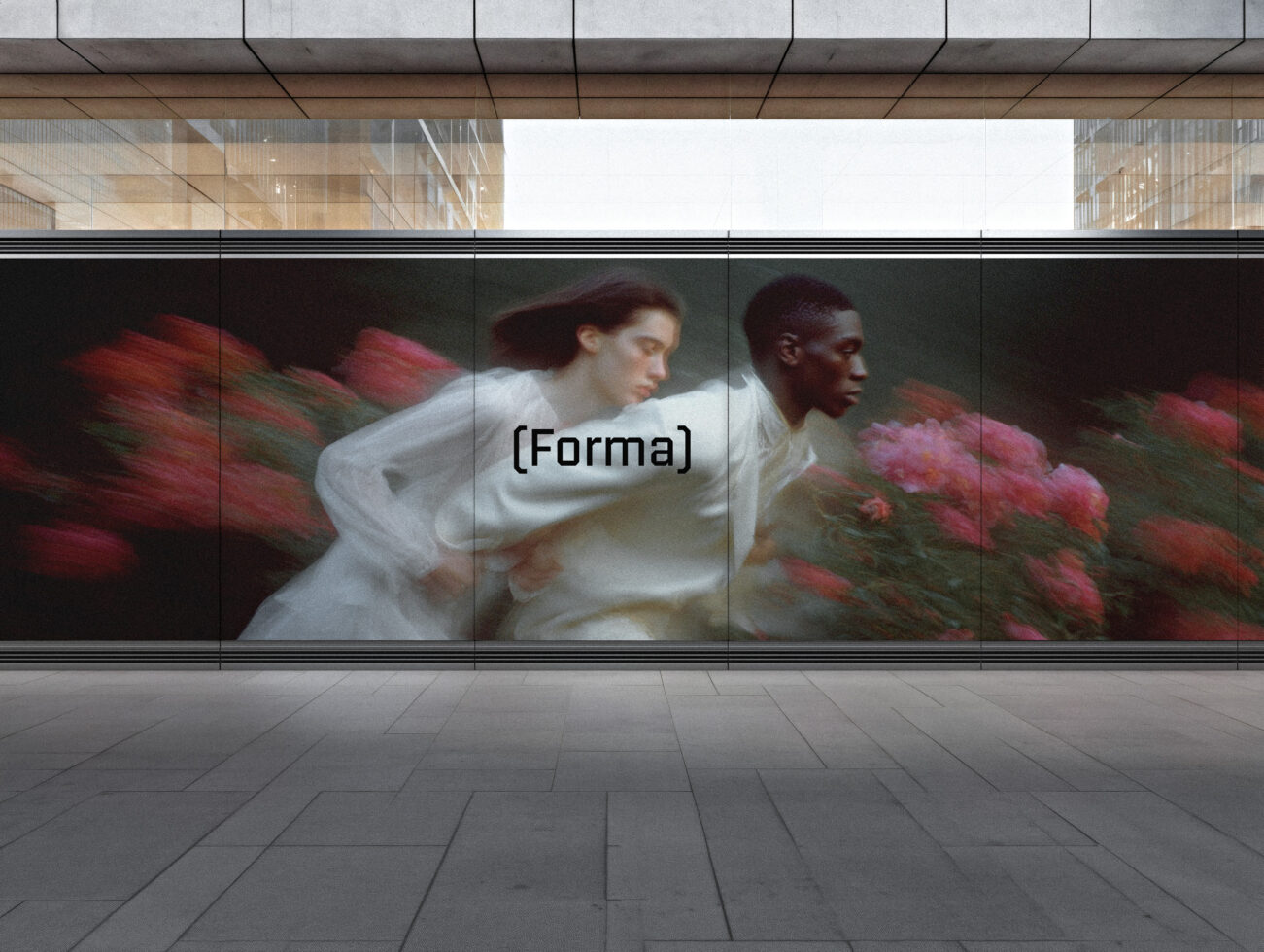 Large window display two people blurred motion floral background