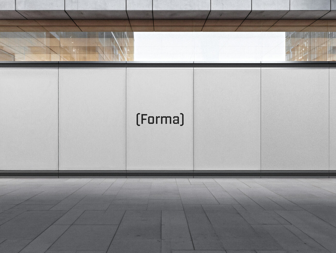 Minimalist storefront mockup with light gray panels, clean lines, modern architecture