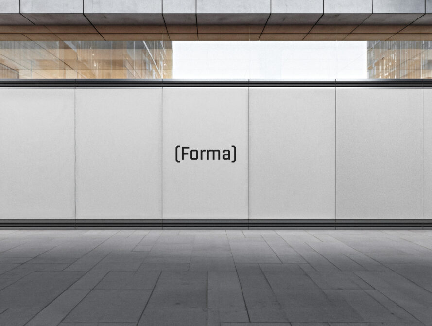 Minimalist storefront mockup with light gray panels, clean lines, modern architecture