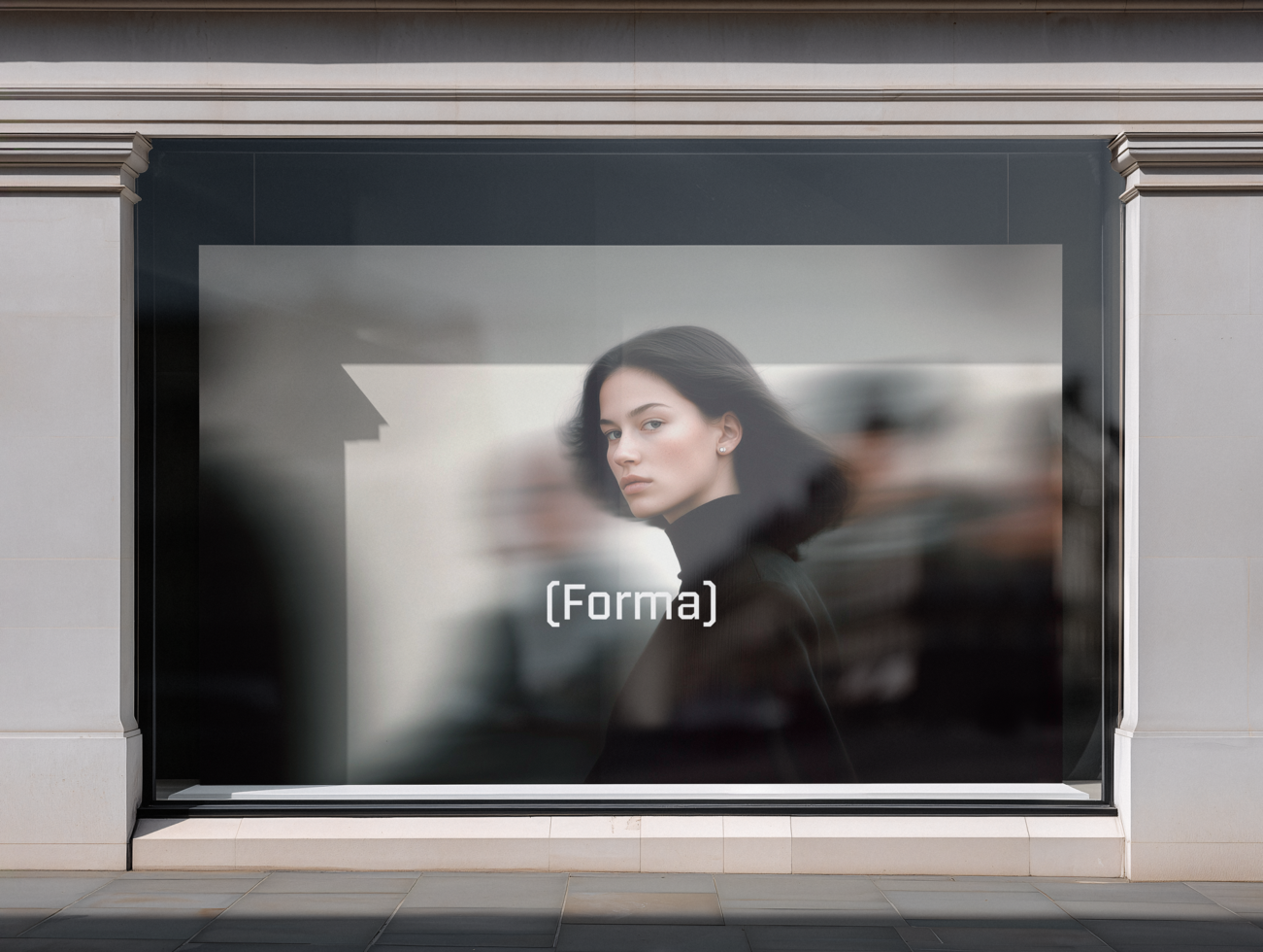 Store window display with woman in black jacket, blurred city background behind glass