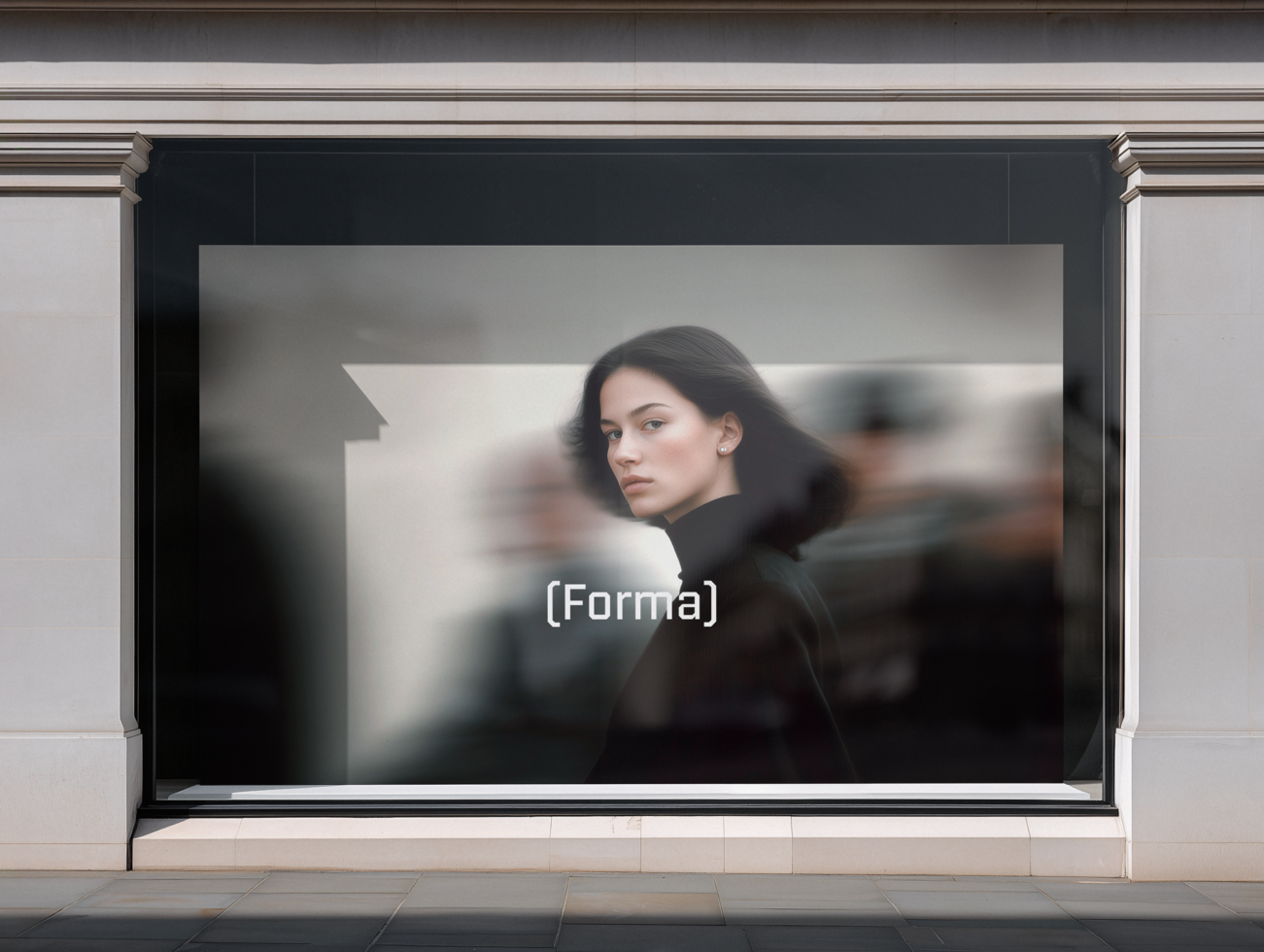 Storefront window display mockup with woman in black jacket staring into distance