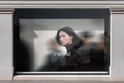 Storefront mockup featuring a blurred image of a woman displaying the word Forma ideal for designers seeking realistic presentation templates.