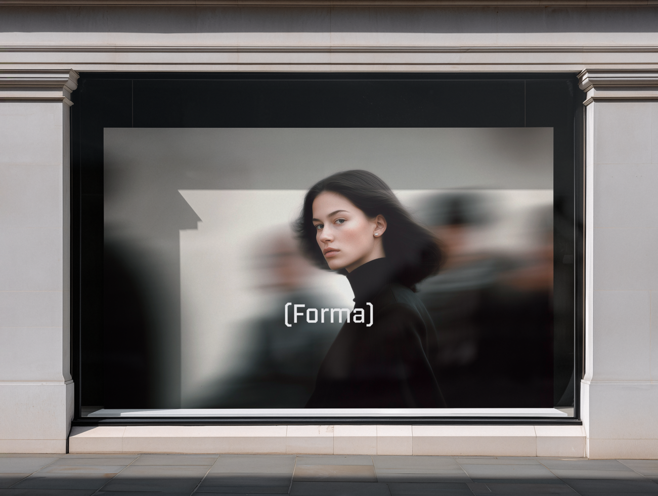 Retail window display showing portrait of woman in dark clothing, blurred figures behind