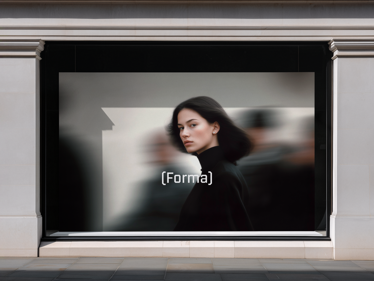 Storefront window mockup with woman in black turtleneck looking over shoulder