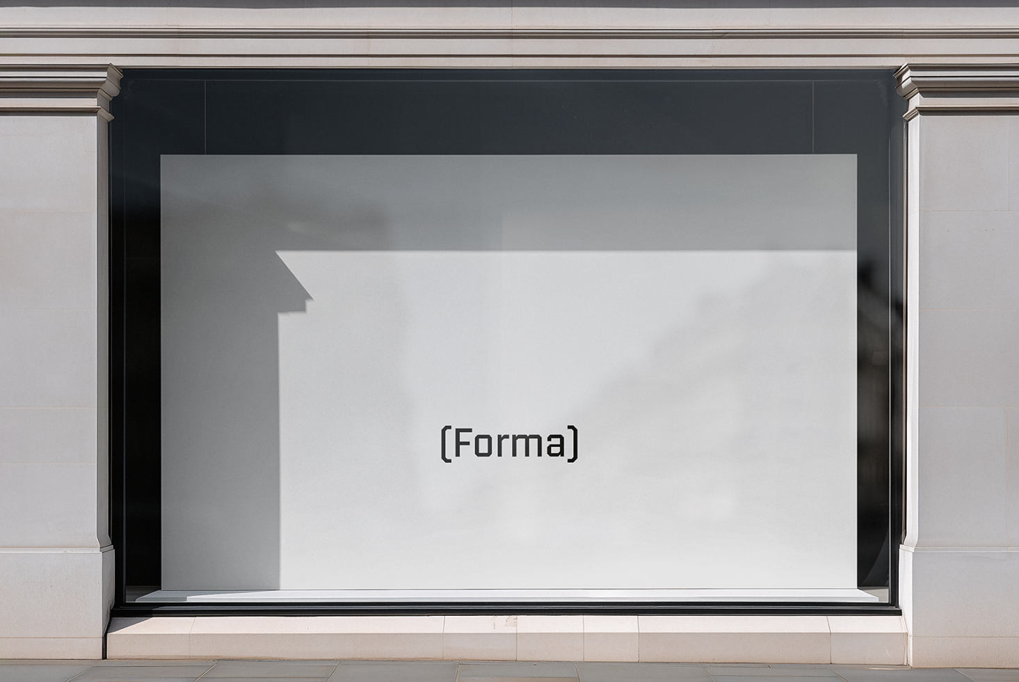 Modern storefront mockup with minimalist design Forma branding window display template glass showcase for creative visual presentations designers.