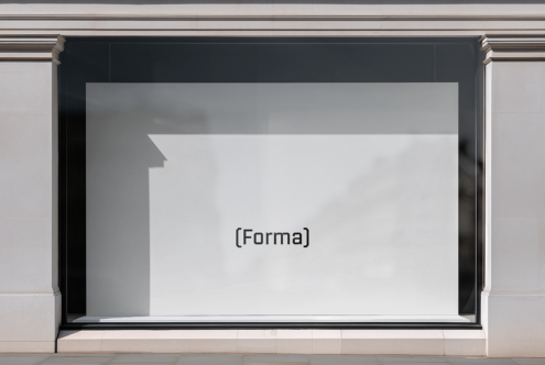 Modern storefront mockup with minimalist design Forma branding window display template glass showcase for creative visual presentations designers.