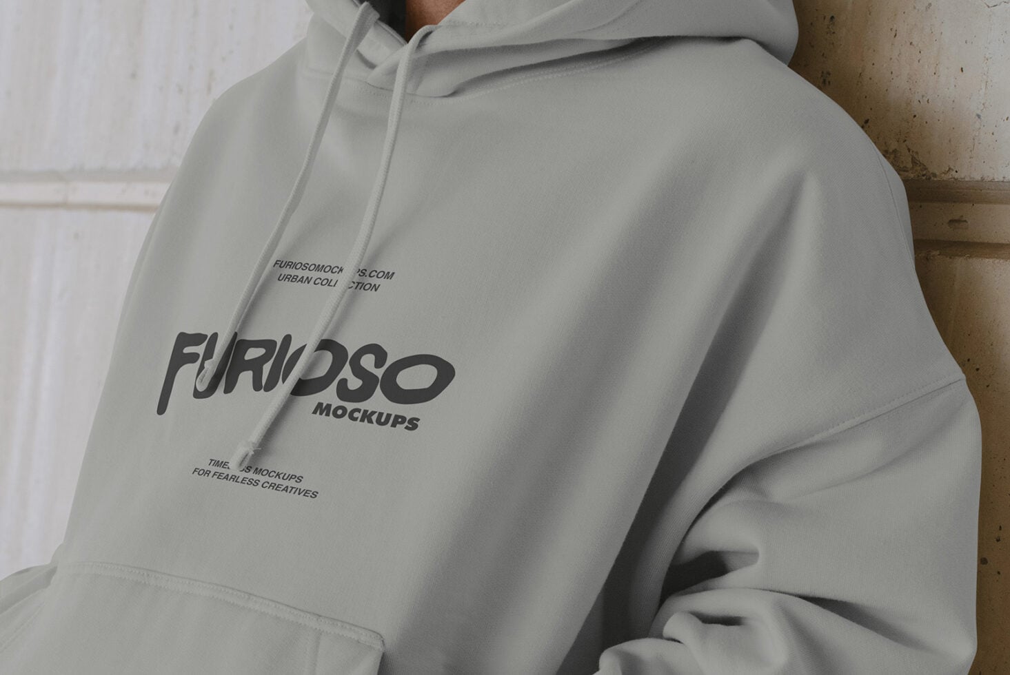Light gray hoodie displaying Furioso Mockups branding on front