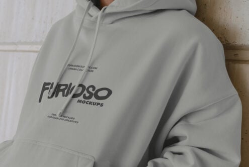 Light gray hoodie displaying Furioso Mockups branding on front