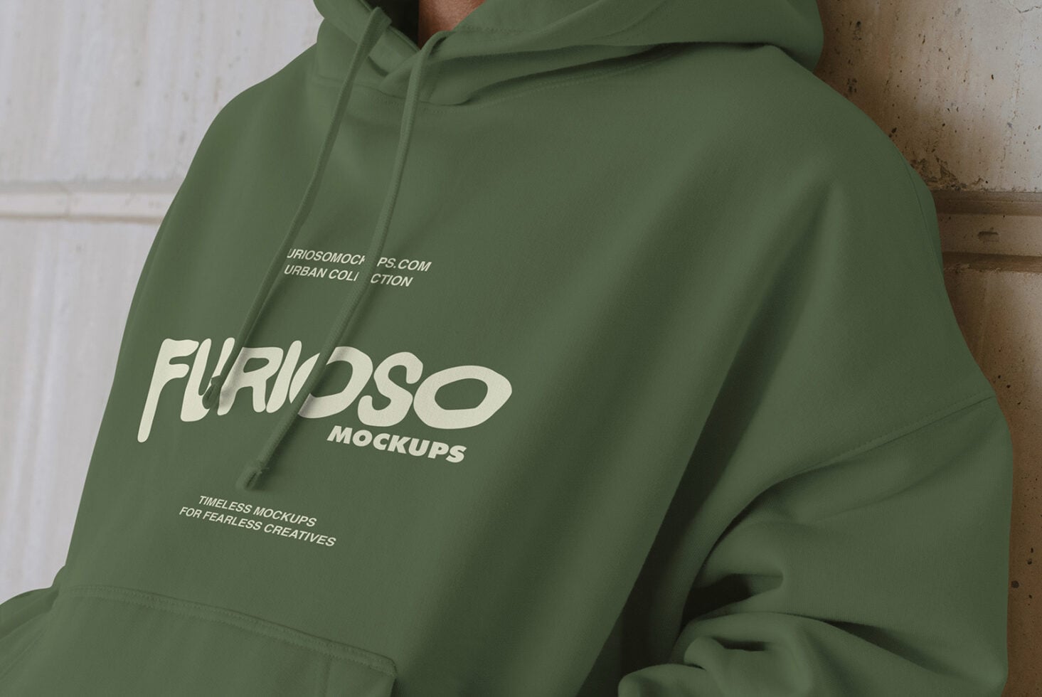 Sage green hoodie with Furioso Mockups logo text on chest