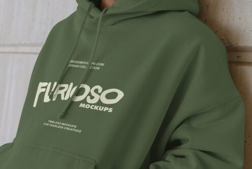 Sage green hoodie with Furioso Mockups logo text on chest