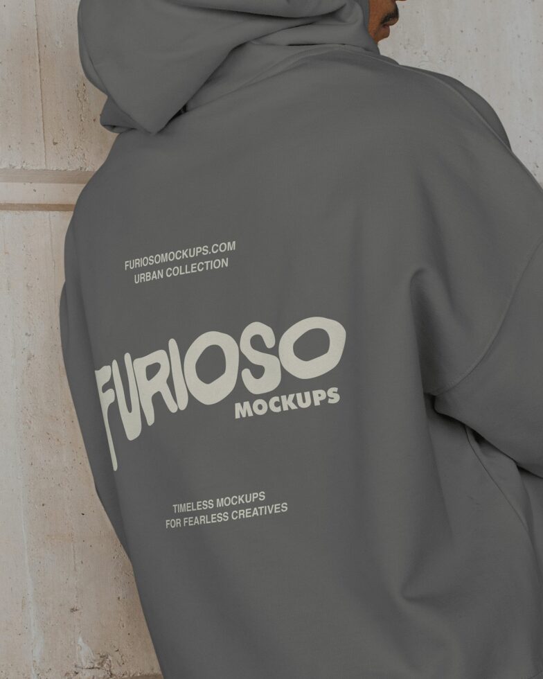 Gray hoodie back view showing Furioso Mockups branding with tagline text