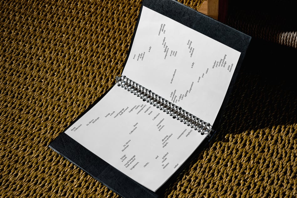 Spiral notebook white pages displayed on gold woven texture with wood frame