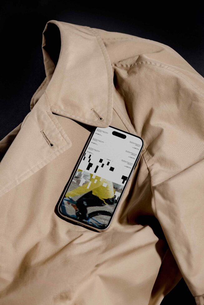 iPhone with white screen resting on cream fabric between beige jacket folds