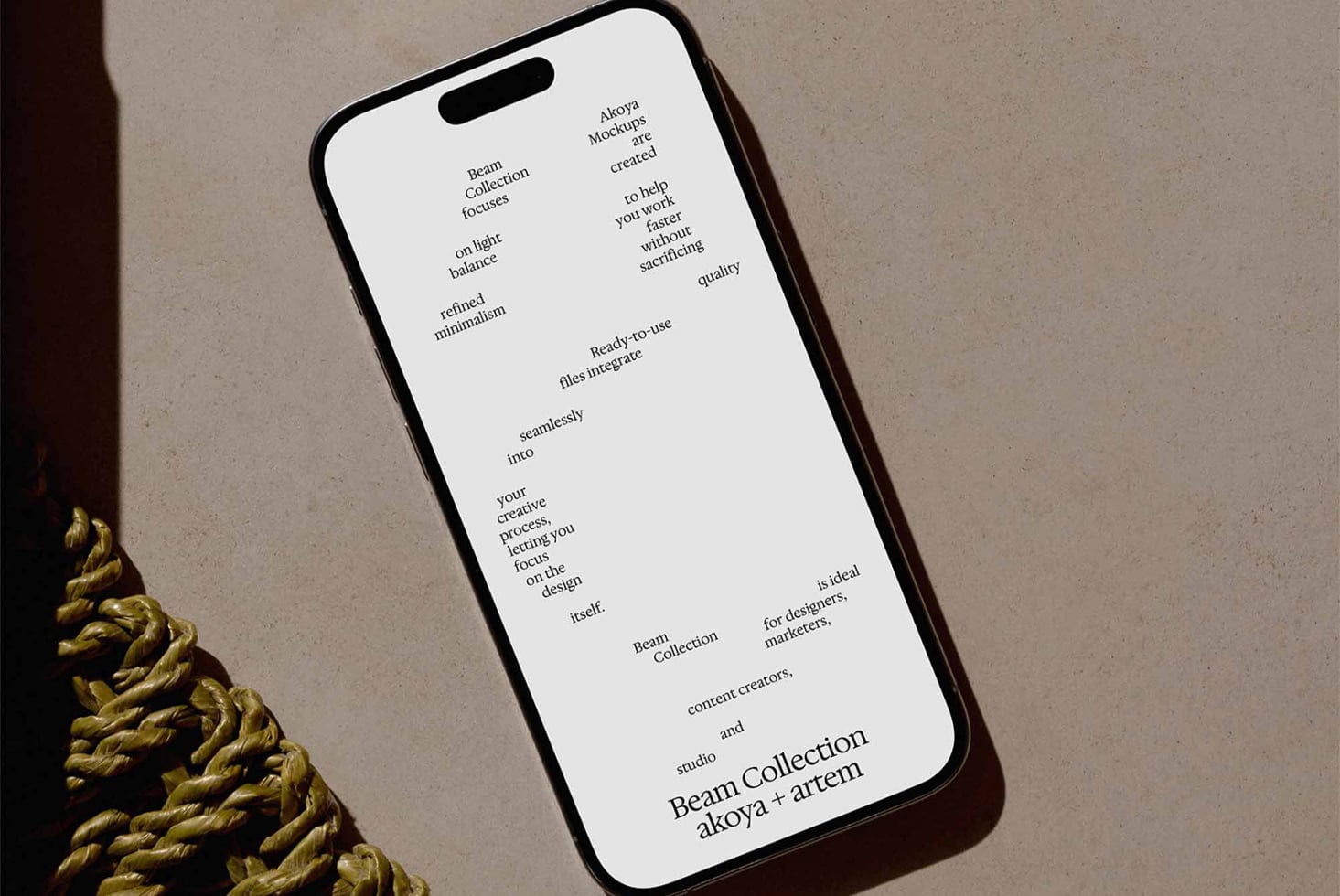 iPhone mockup showing Beam Collection typography spread on cream backdrop with rope detail