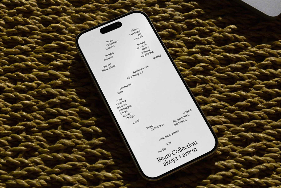 Phone mockup showing Beam Collection text layout on woven gold surface