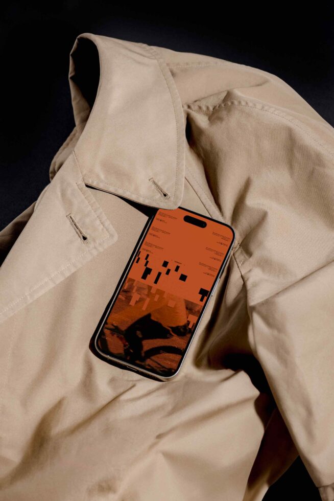 iPhone with orange screen displaying geometric design nested in cream colored jacket