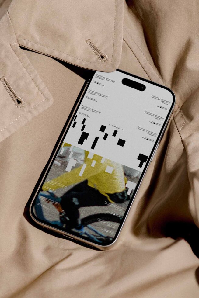iPhone showing design layout with yellow imagery over beige fabric jacket