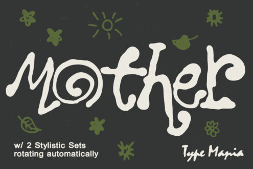 Mother font in cream with 2 stylistic rotating sets, nature icons scattered on charcoal