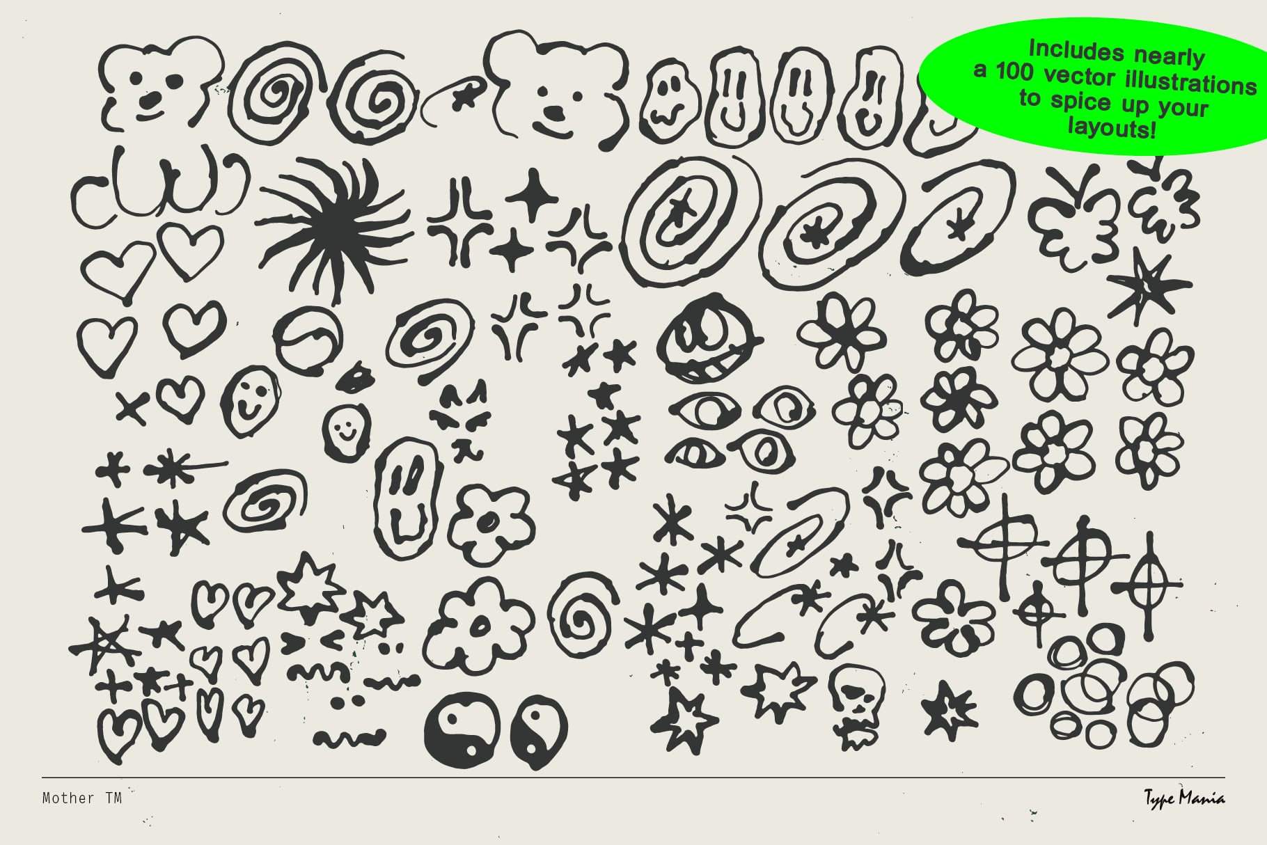 Collection of 100 hand-drawn vector doodles including faces, hearts, flowers, stars