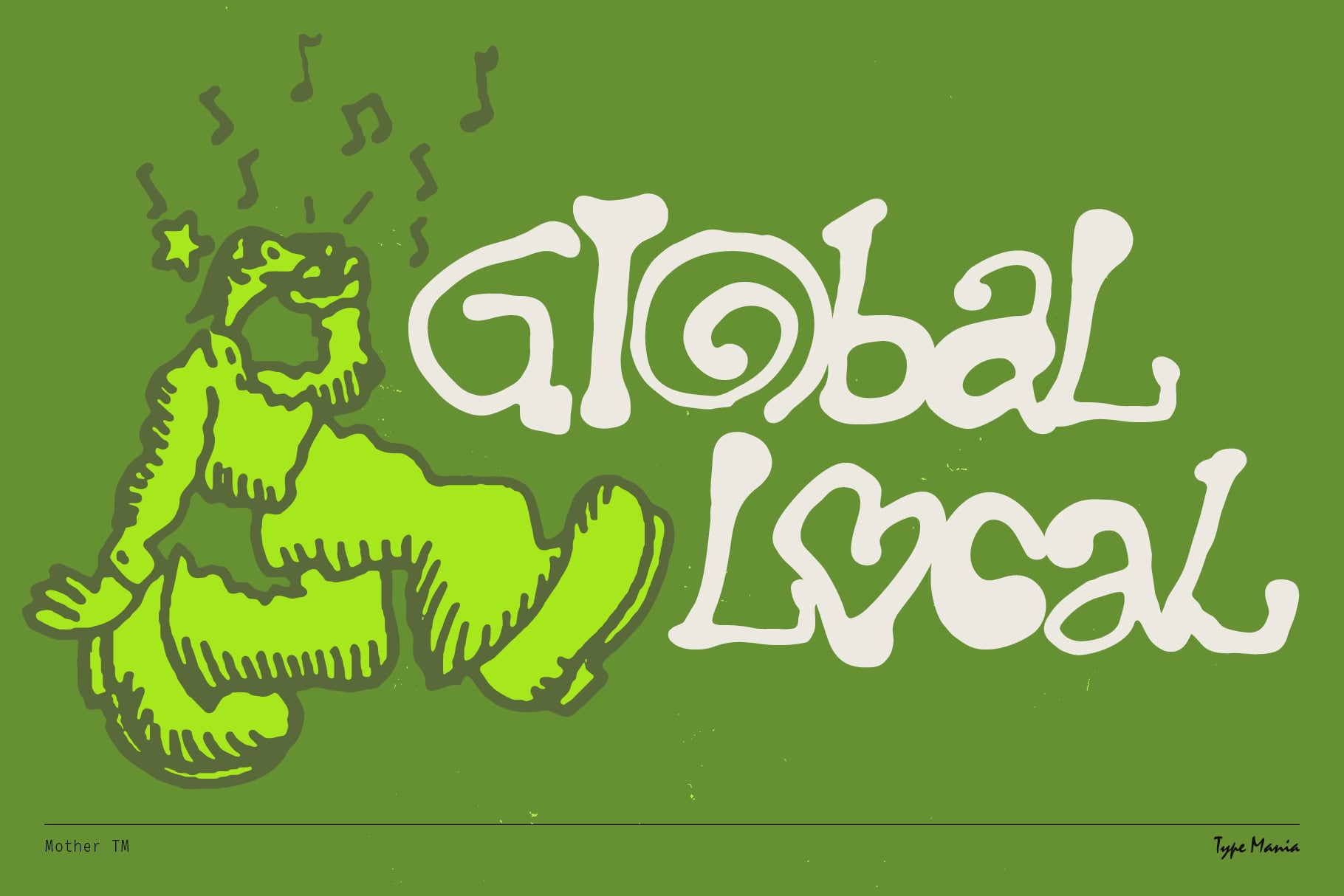 Global Lyrical font with monster character on lime green background with musical notes