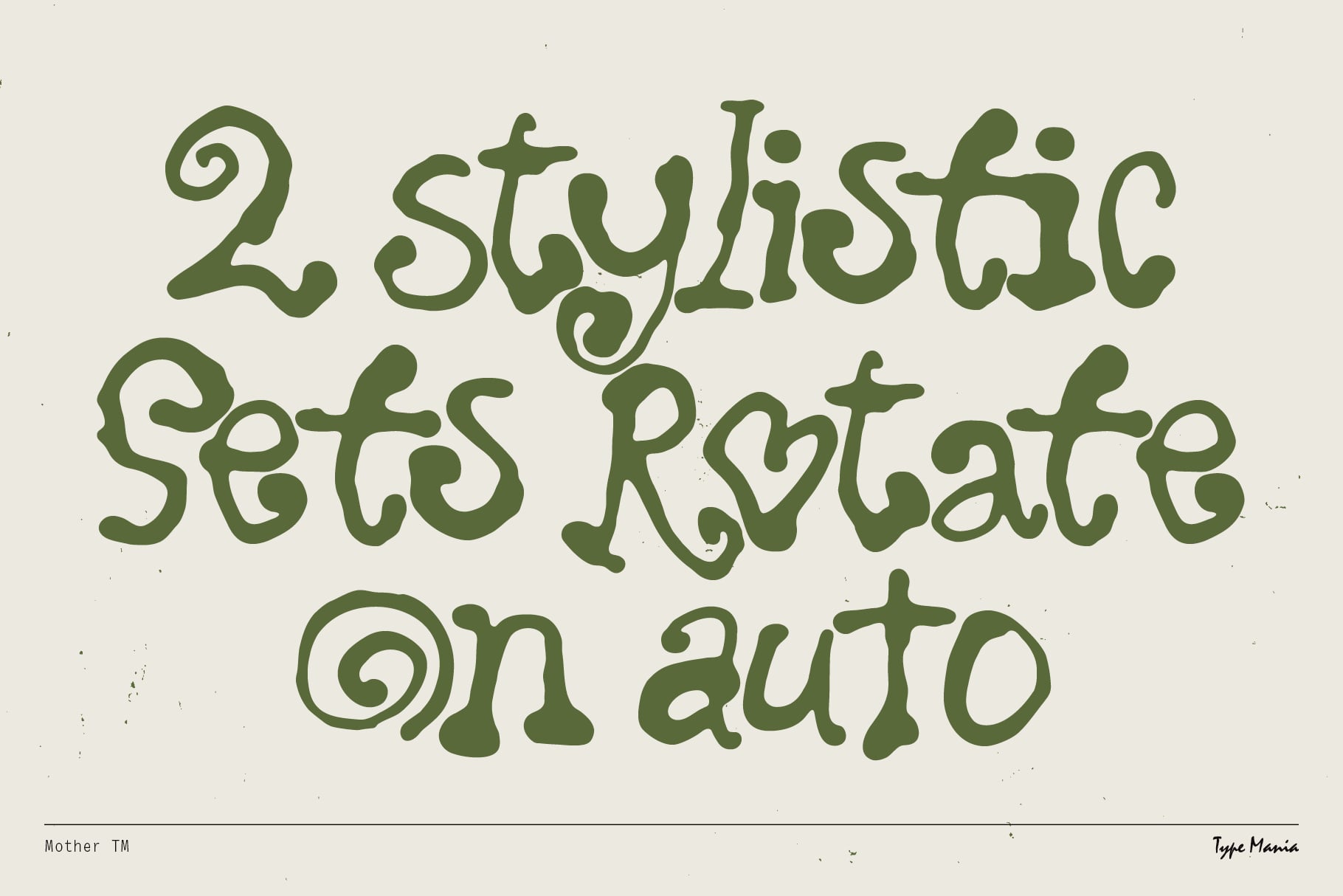 2 Stylistic Sets Rotate On Auto written in olive green wavy typeface on beige