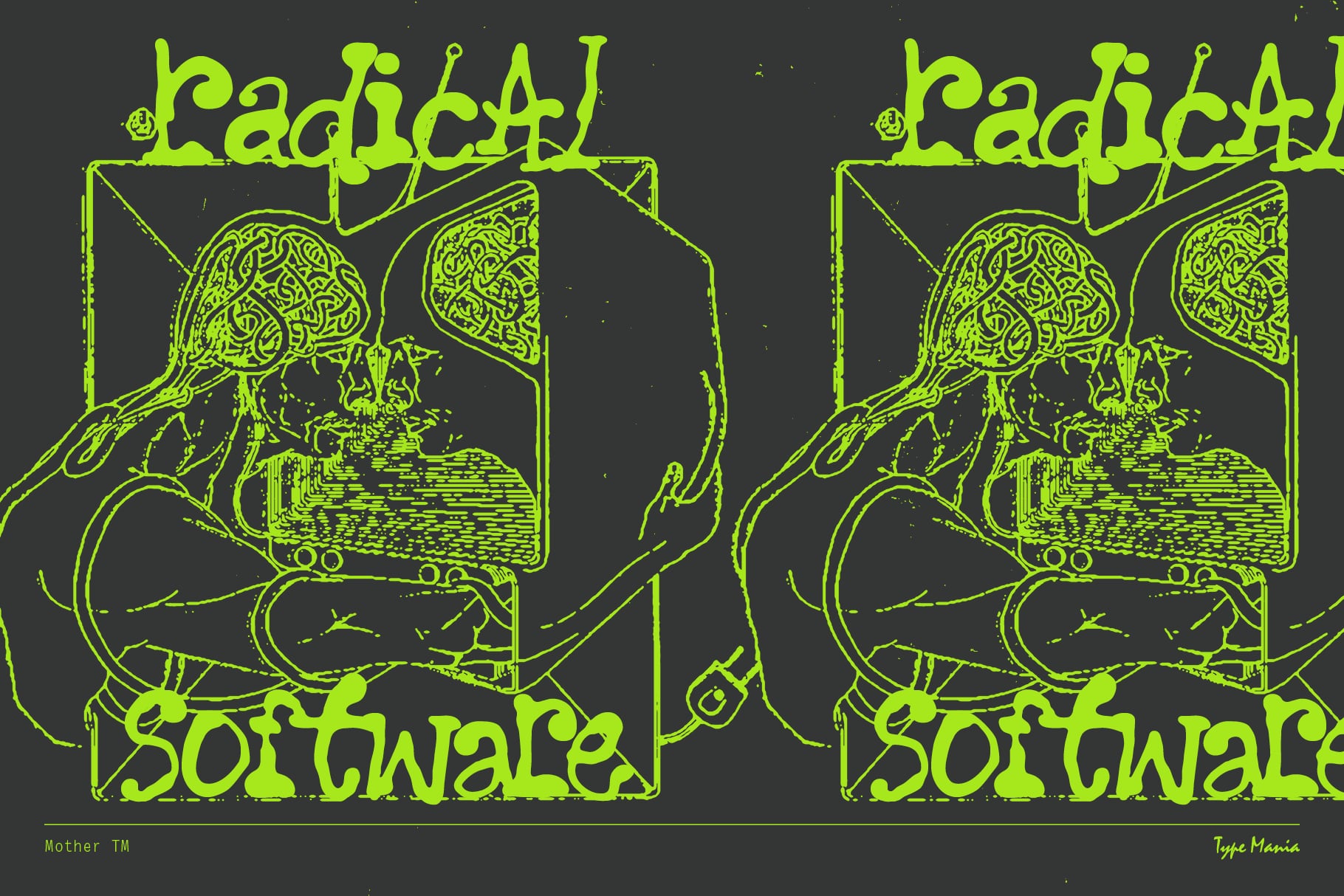 Radical Softwale text in neon yellow with detailed creature illustration on dark background