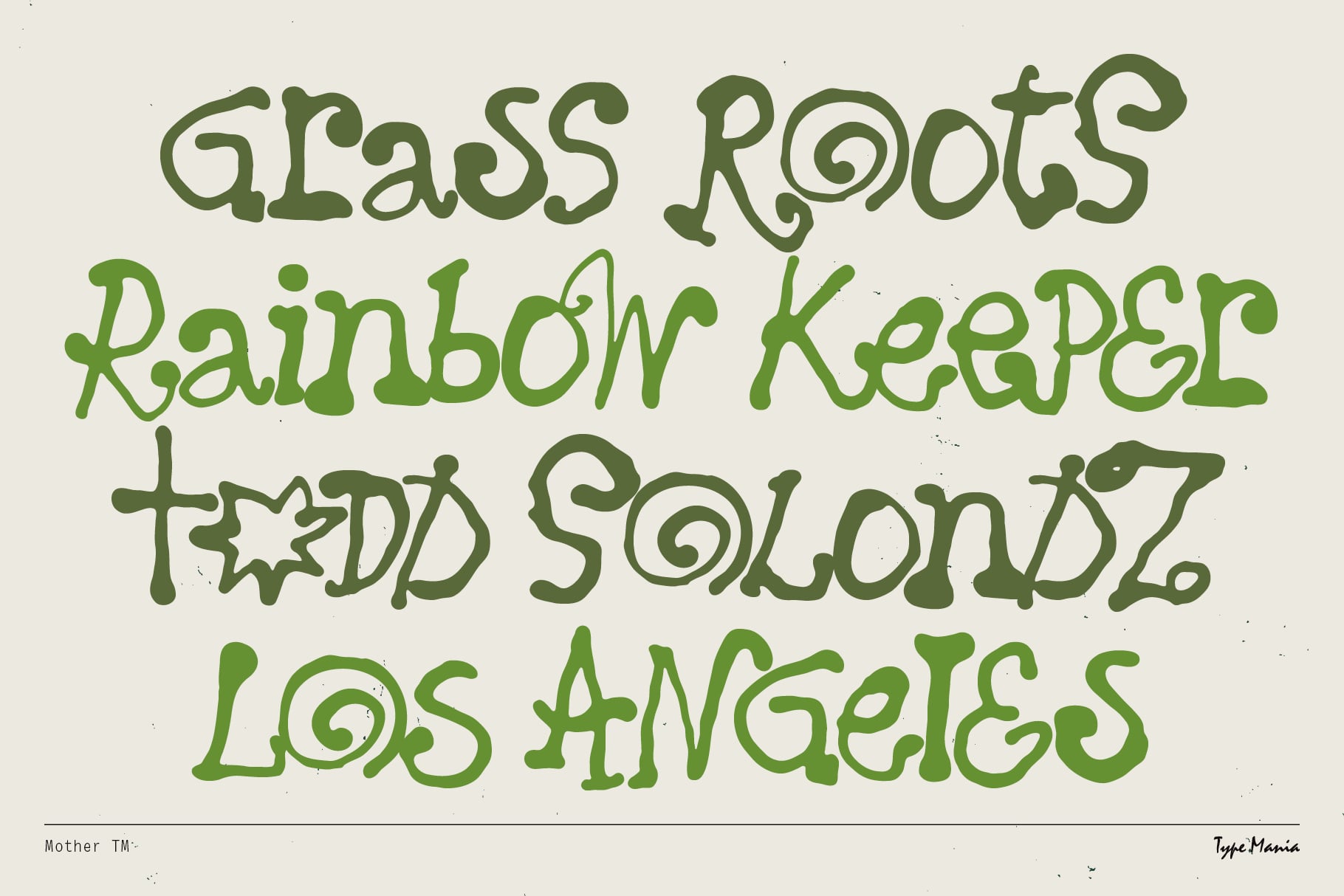 Organic green wavy serif font with decorative elements scattered throughout