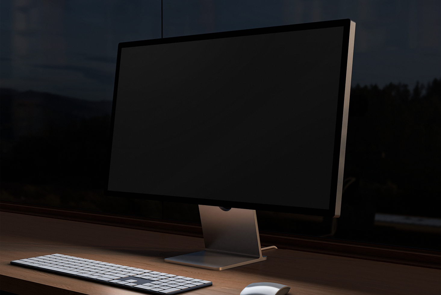Modern desktop computer monitor and keyboard mockup on a wooden desk with a dark background. Ideal for designers seeking realistic digital workspace visuals.