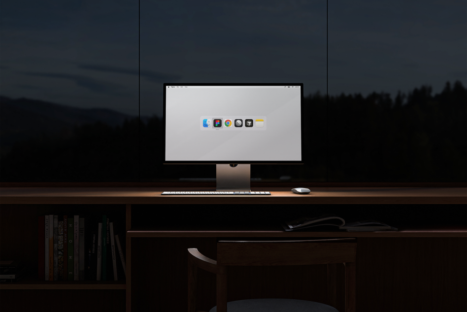 Minimalist workspace mockup featuring a computer with a sleek design on a wooden desk, ideal for designers seeking modern digital asset aesthetics.