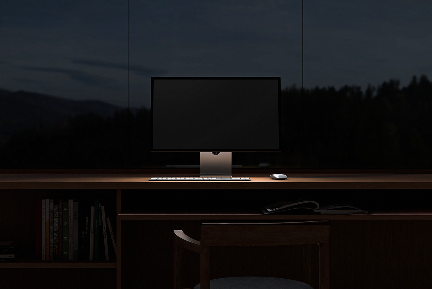 Workspace mockup featuring a minimalist office desk setup with a blank monitor, keyboard, and mouse in a dimly lit room; perfect for design presentations.