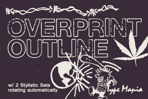 Overprint Outline neon outline text with sketchy botanical elements on dark purple