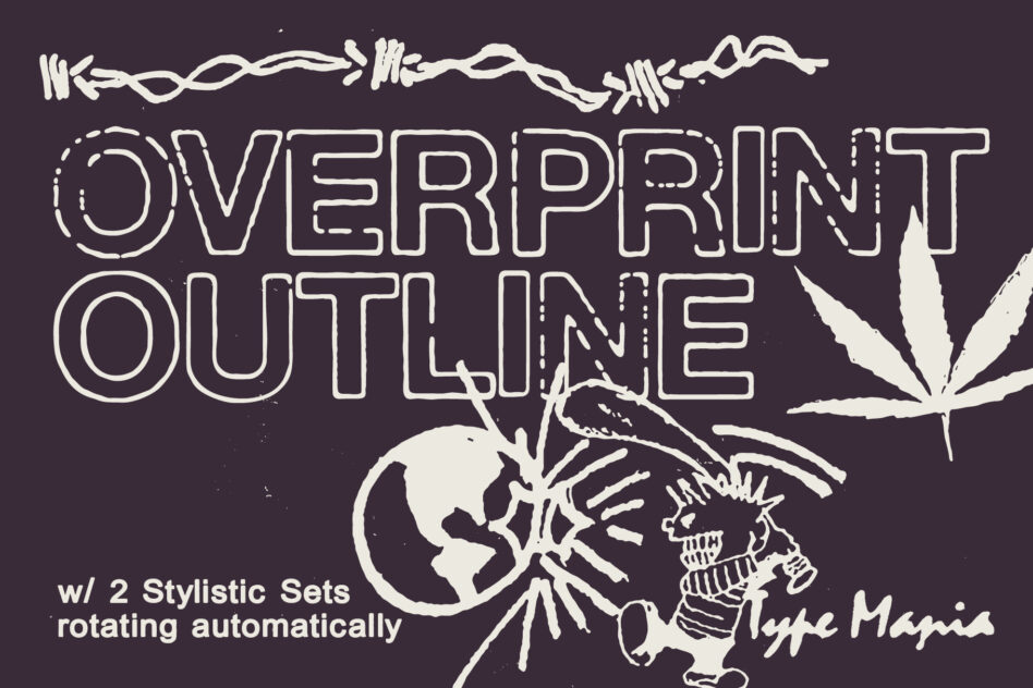 Overprint Outline neon outline text with sketchy botanical elements on dark purple