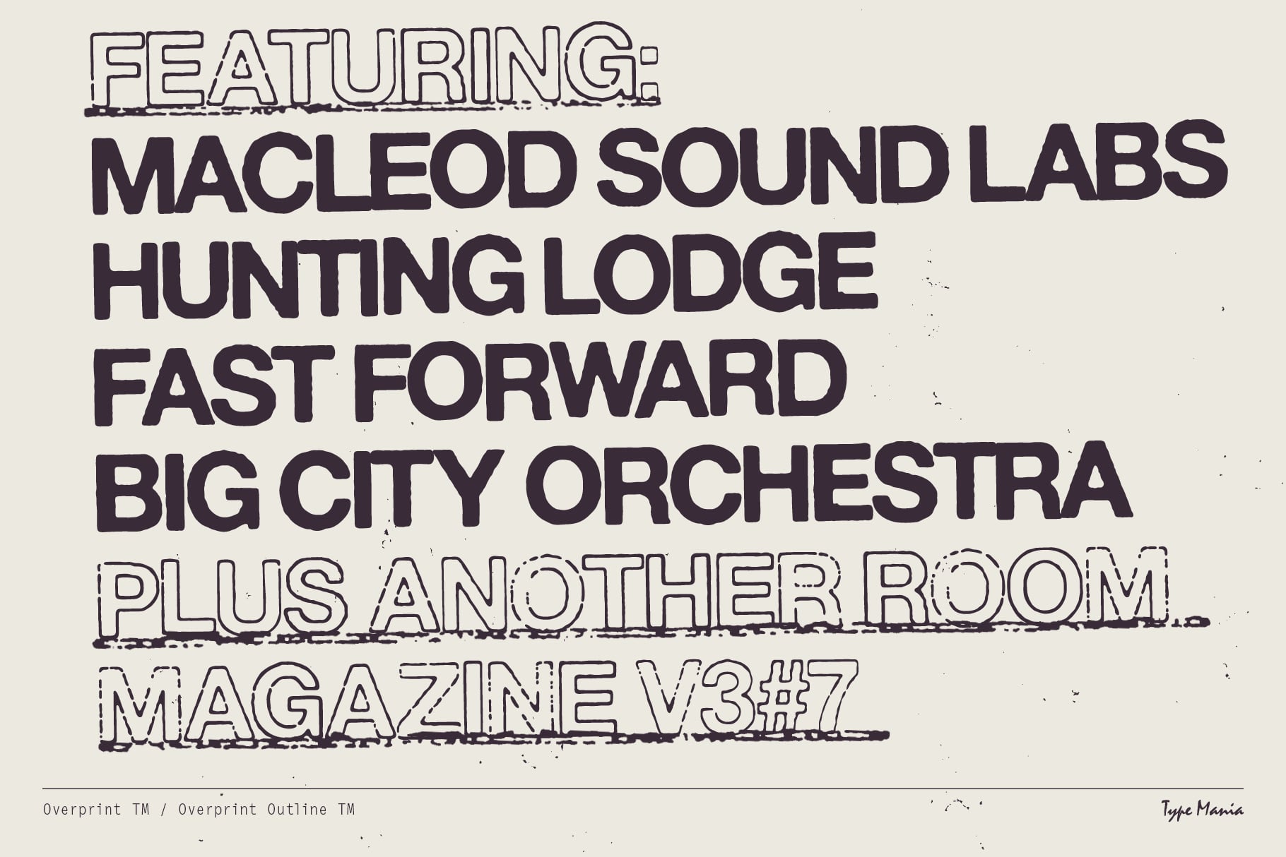 Overprint font featuring names of bands, studios, magazines in mixed styles