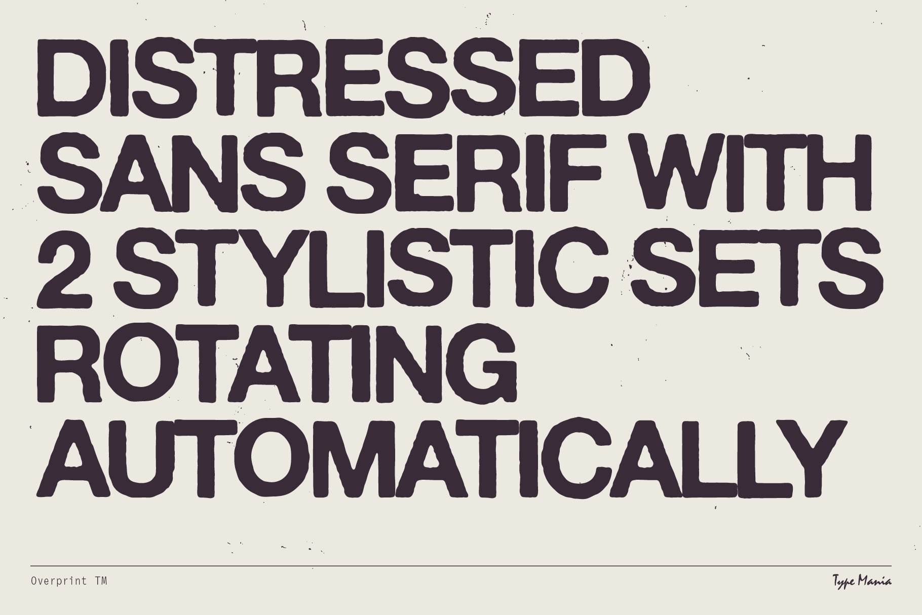 Distressed sans serif font description text on cream background with rotating stylistic sets