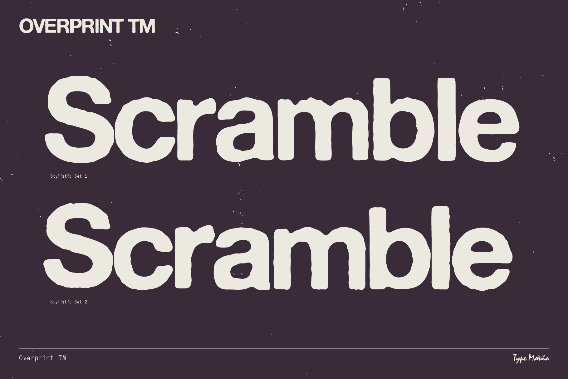 Overprint TM font showing Scramble word in two stylistic variations on dark background