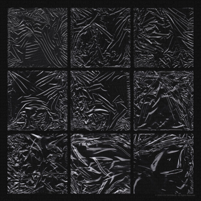 Nine-panel grid of crumpled black plastic wrap with metallic light reflections
