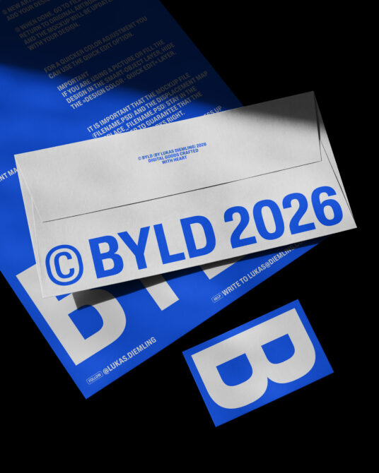 Blue envelope mockup with white BYLD 2026 branding on dark background