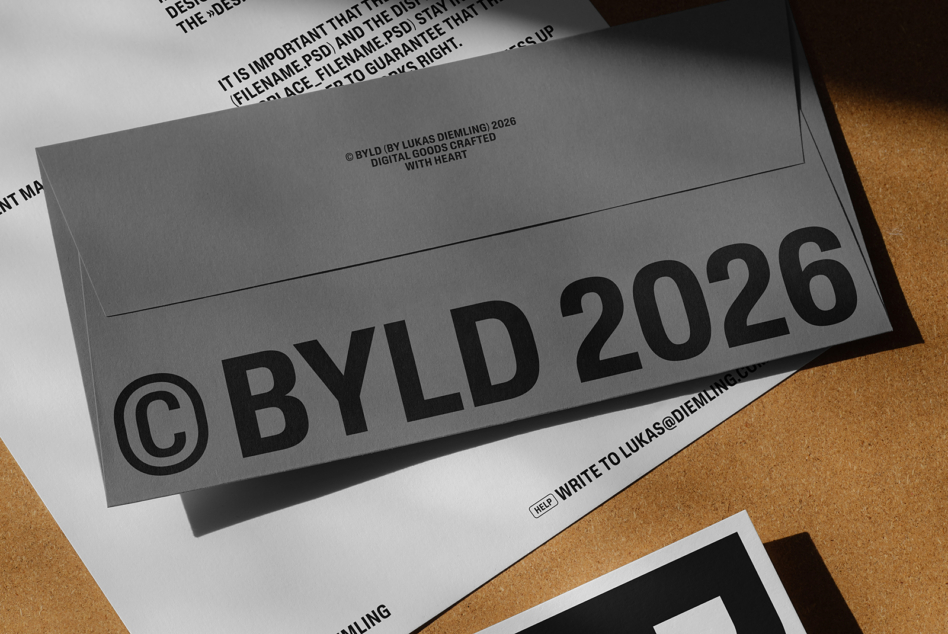 Gray envelope mockup with black BYLD 2026 branding on white surface