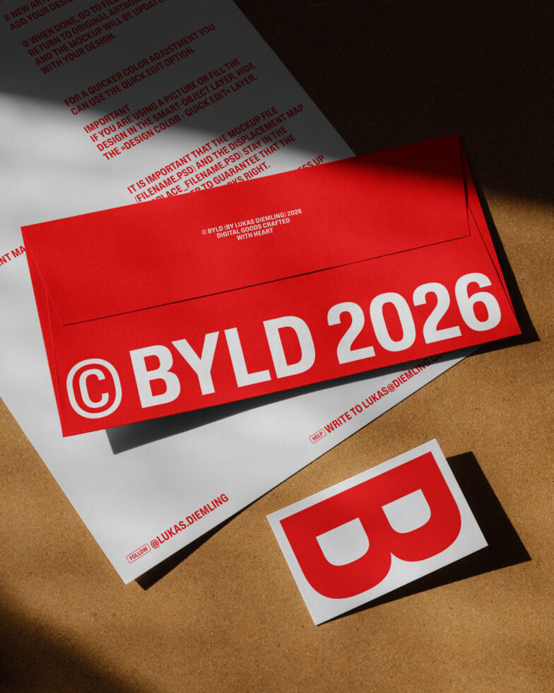 Red envelope mockup with white BYLD 2026 branding on kraft paper surface