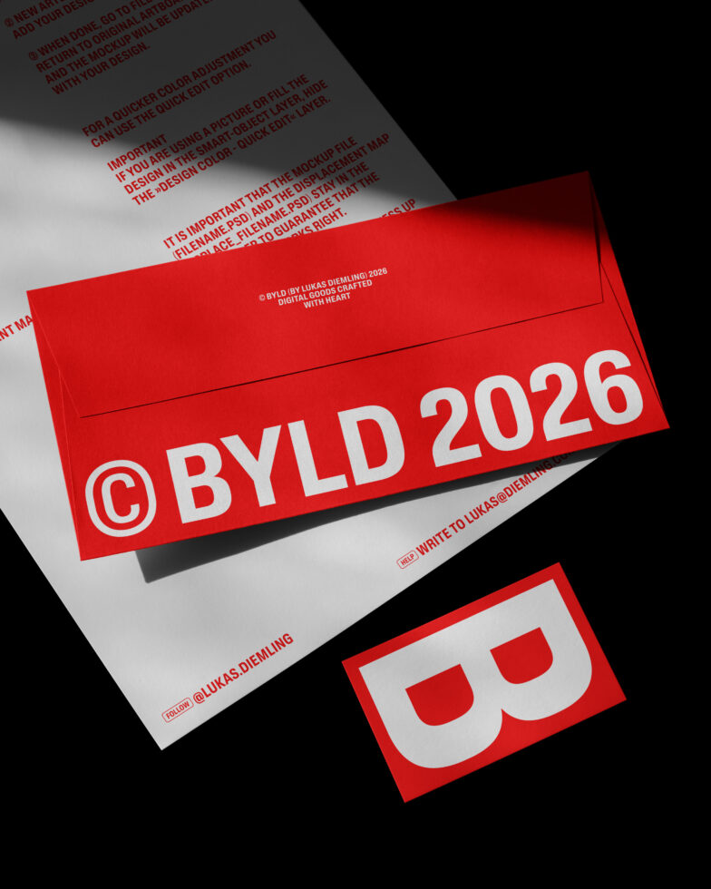 Flat lay of red envelope mockup, white papers with BYLD branding stacked on black surface