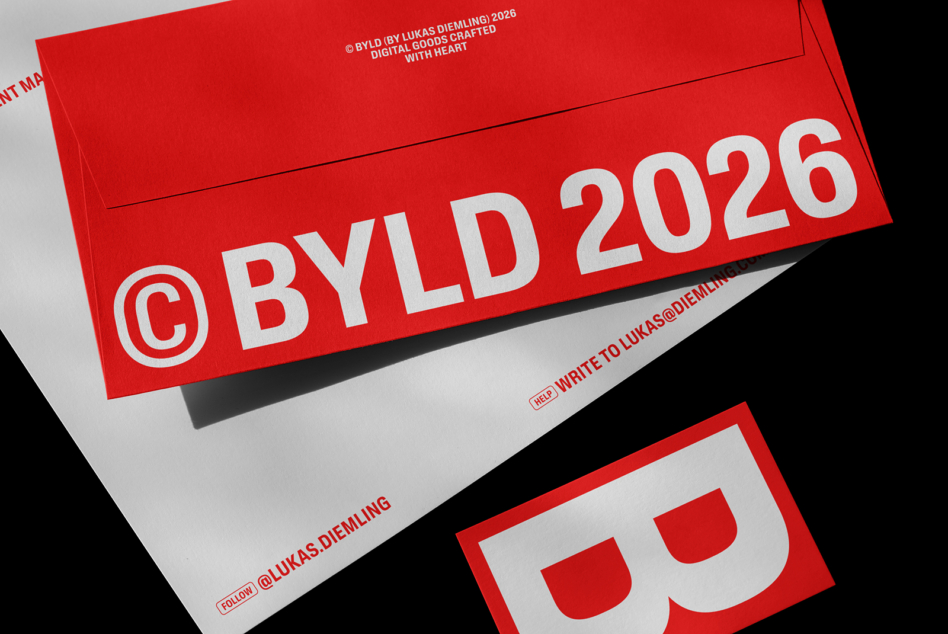 Red envelope mockup showing front flap with white BYLD 2026 text design