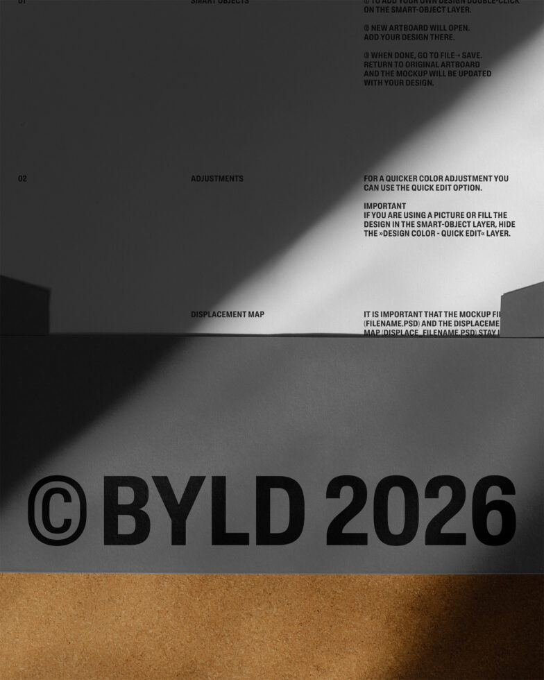 Mockup guide page showing smart objects, adjustments, displacement map instructions with cork texture background