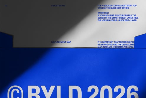Mockup page with blue texture accent, adjustment instructions, displacement map info layout