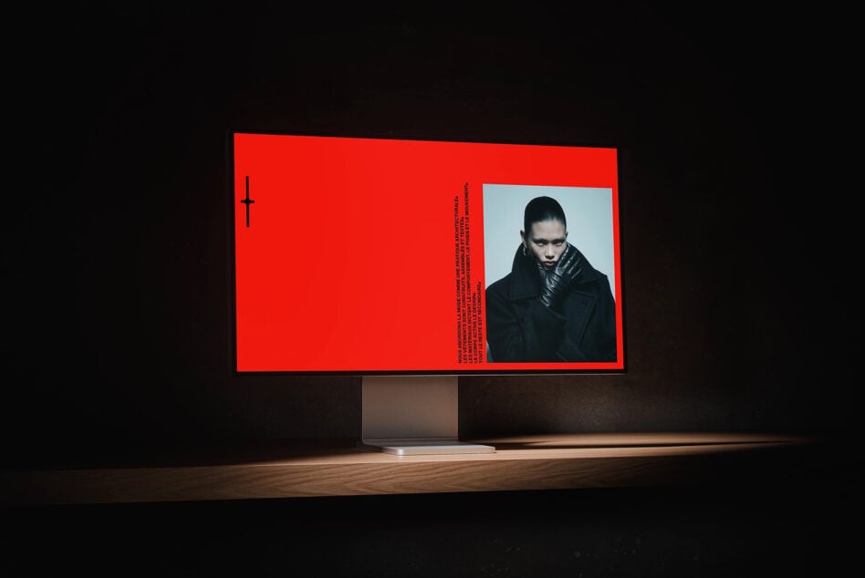 Bright red billboard mockup showing fashion portrait with geometric text layout