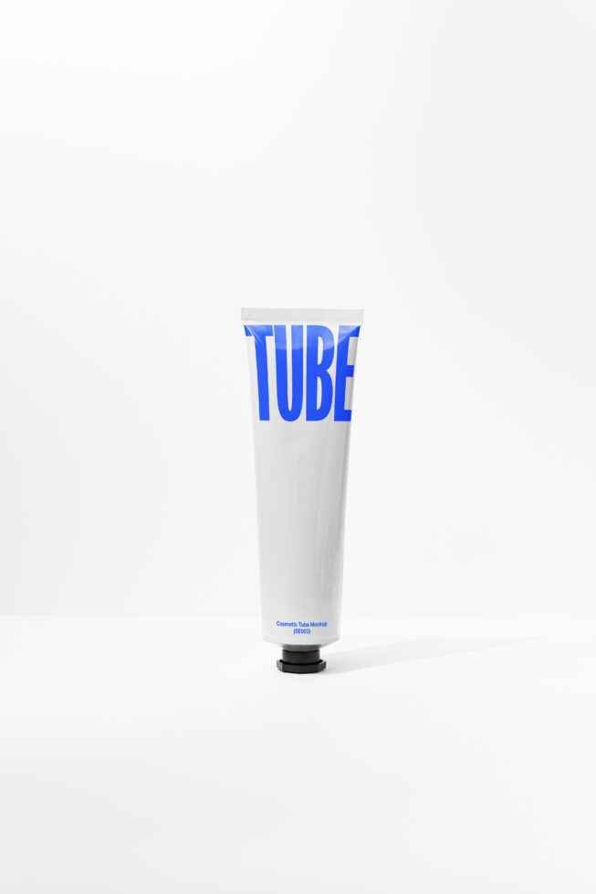 Cosmetic tube mockup on plain background with blue TUBE logo